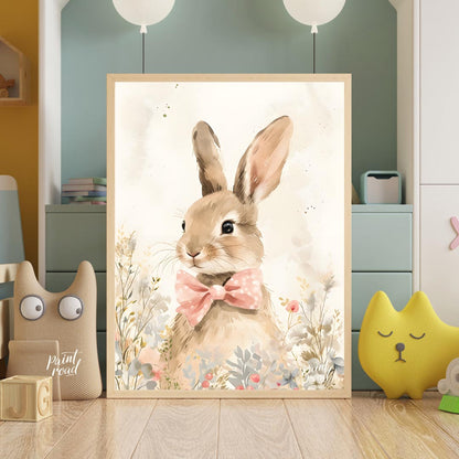 This exquisitely detailed watercolor poster features an adorable rabbit, exuding charm and elegance… for nursery