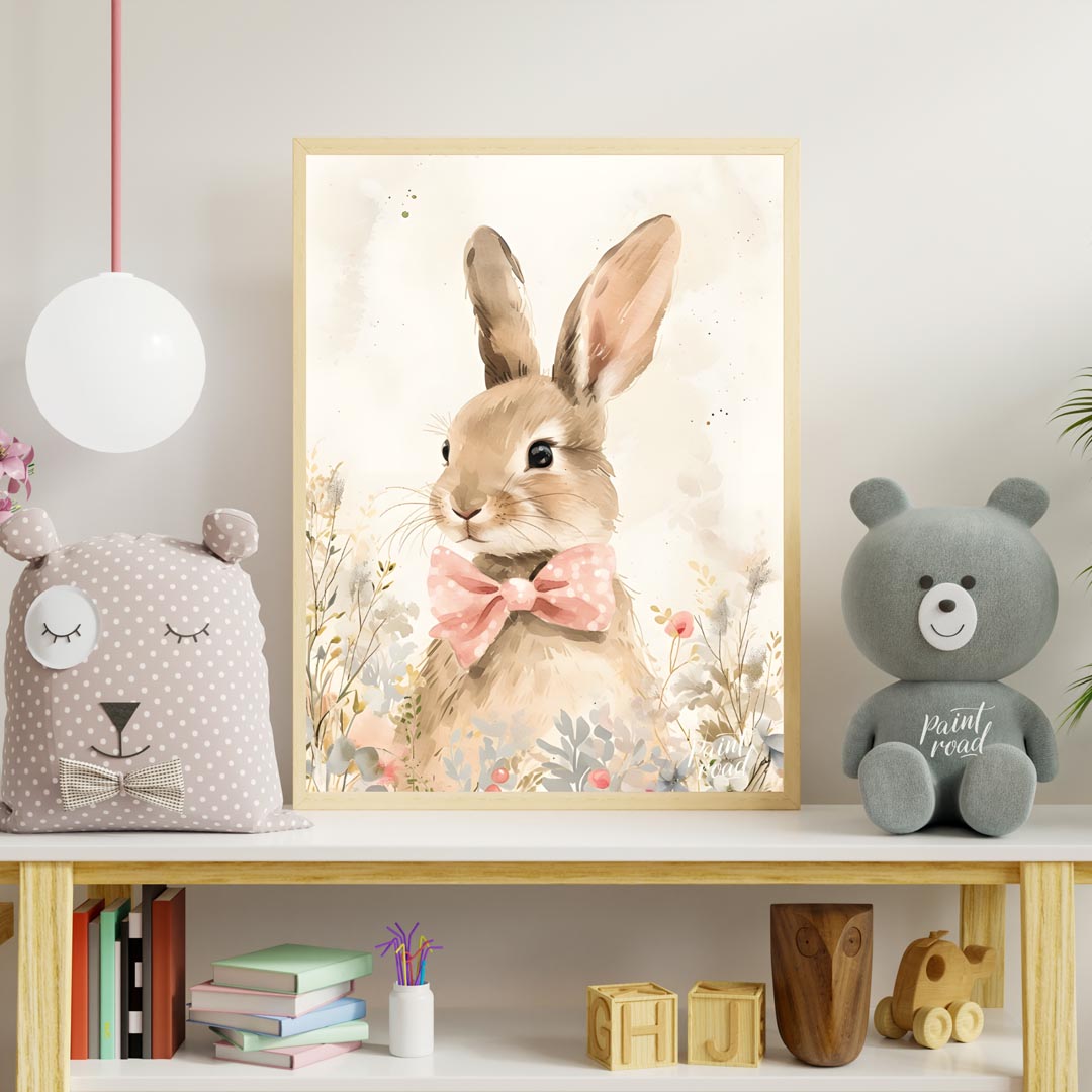 This exquisitely detailed watercolor poster features an adorable rabbit, exuding charm and elegance… for nursery