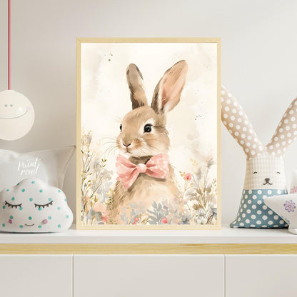 This exquisitely detailed watercolor poster features an adorable rabbit, exuding charm and elegance… for nursery
