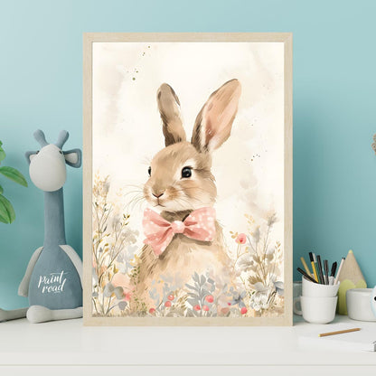 This exquisitely detailed watercolor poster features an adorable rabbit, exuding charm and elegance… for nursery