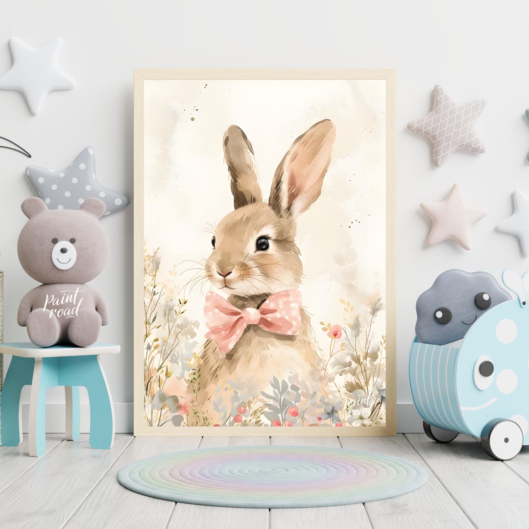 This exquisitely detailed watercolor poster features an adorable rabbit, exuding charm and elegance… for nursery