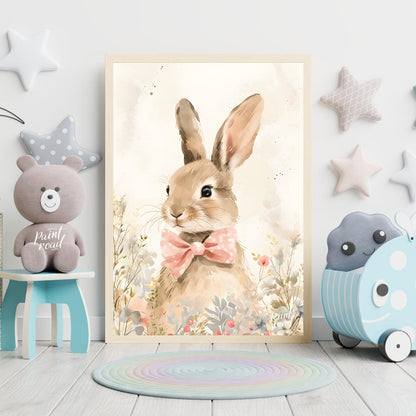 This exquisitely detailed watercolor poster features an adorable rabbit, exuding charm and elegance… for nursery