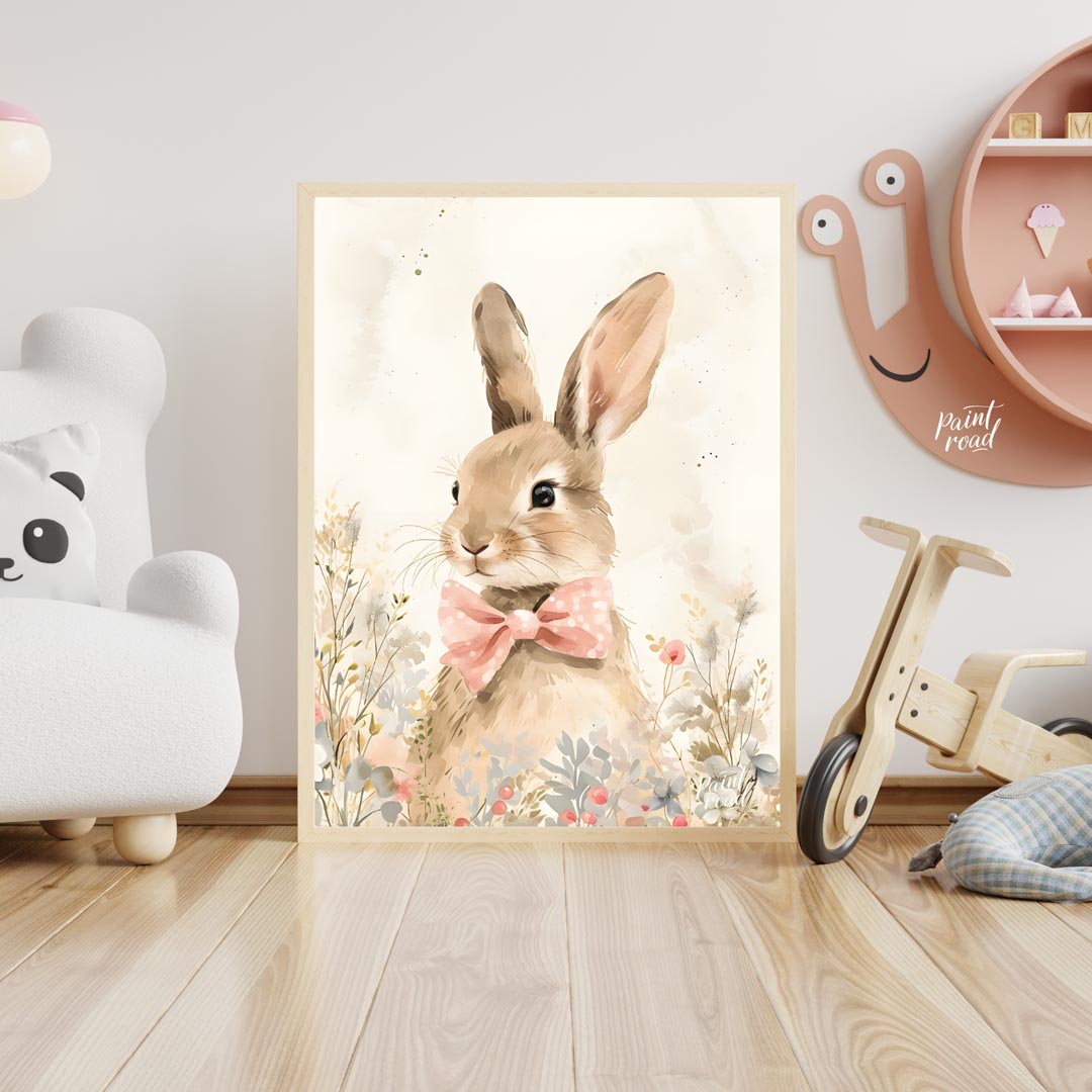 This exquisitely detailed watercolor poster features an adorable rabbit, exuding charm and elegance… for nursery