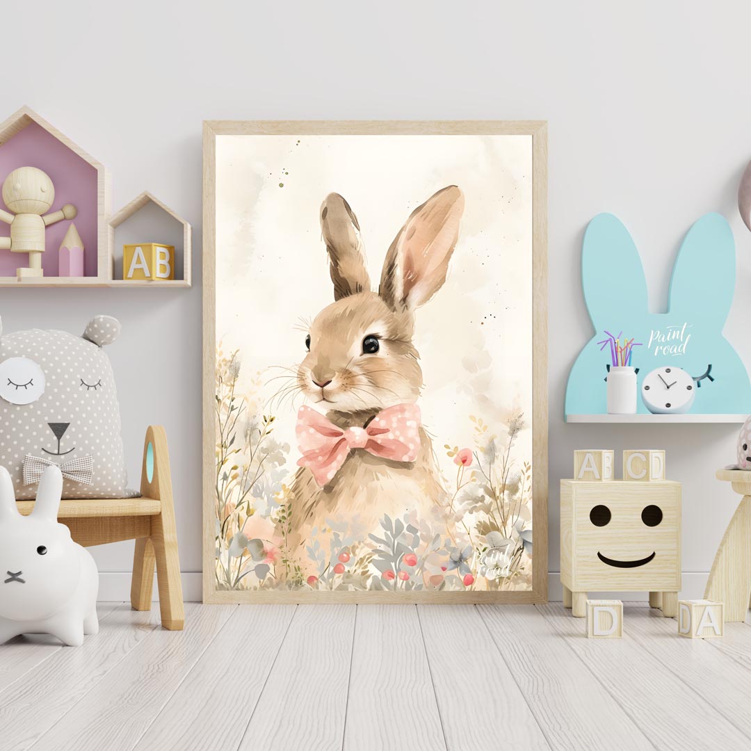 This exquisitely detailed watercolor poster features an adorable rabbit, exuding charm and elegance… for nursery