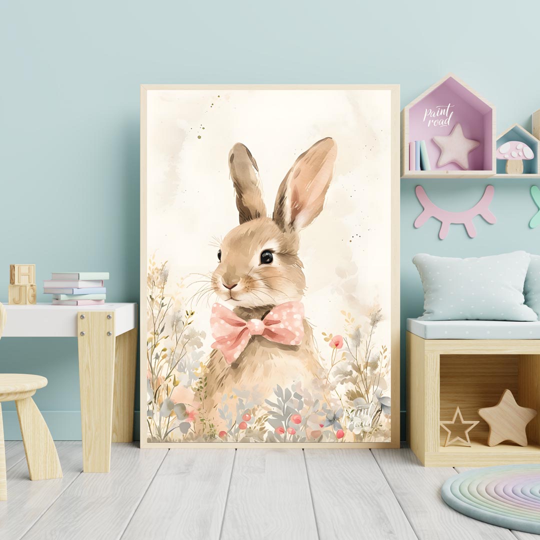 This exquisitely detailed watercolor poster features an adorable rabbit, exuding charm and elegance… for nursery