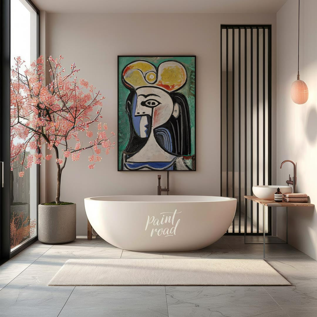 This powerful art print is Pablo Picasso’s “Bust of a Seated Woman,” often recognized as a portrait… for bathroom