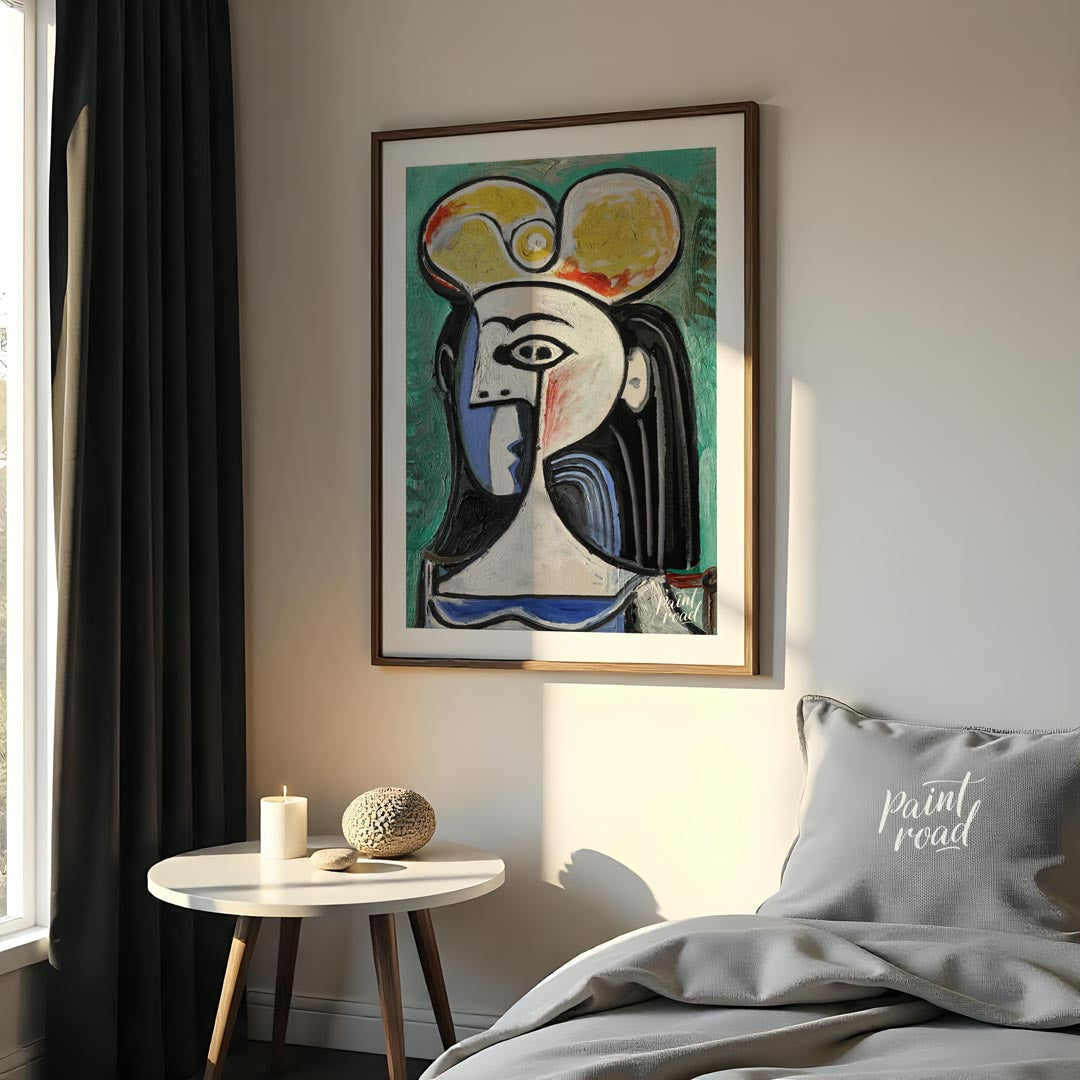 This powerful art print is Pablo Picasso’s “Bust of a Seated Woman,” often recognized as a portrait… for bedroom