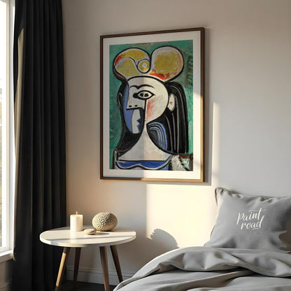 This powerful art print is Pablo Picasso’s “Bust of a Seated Woman,” often recognized as a portrait… for bedroom