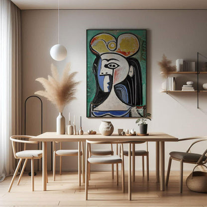 This powerful art print is Pablo Picasso’s “Bust of a Seated Woman,” often recognized as a portrait… for dining room