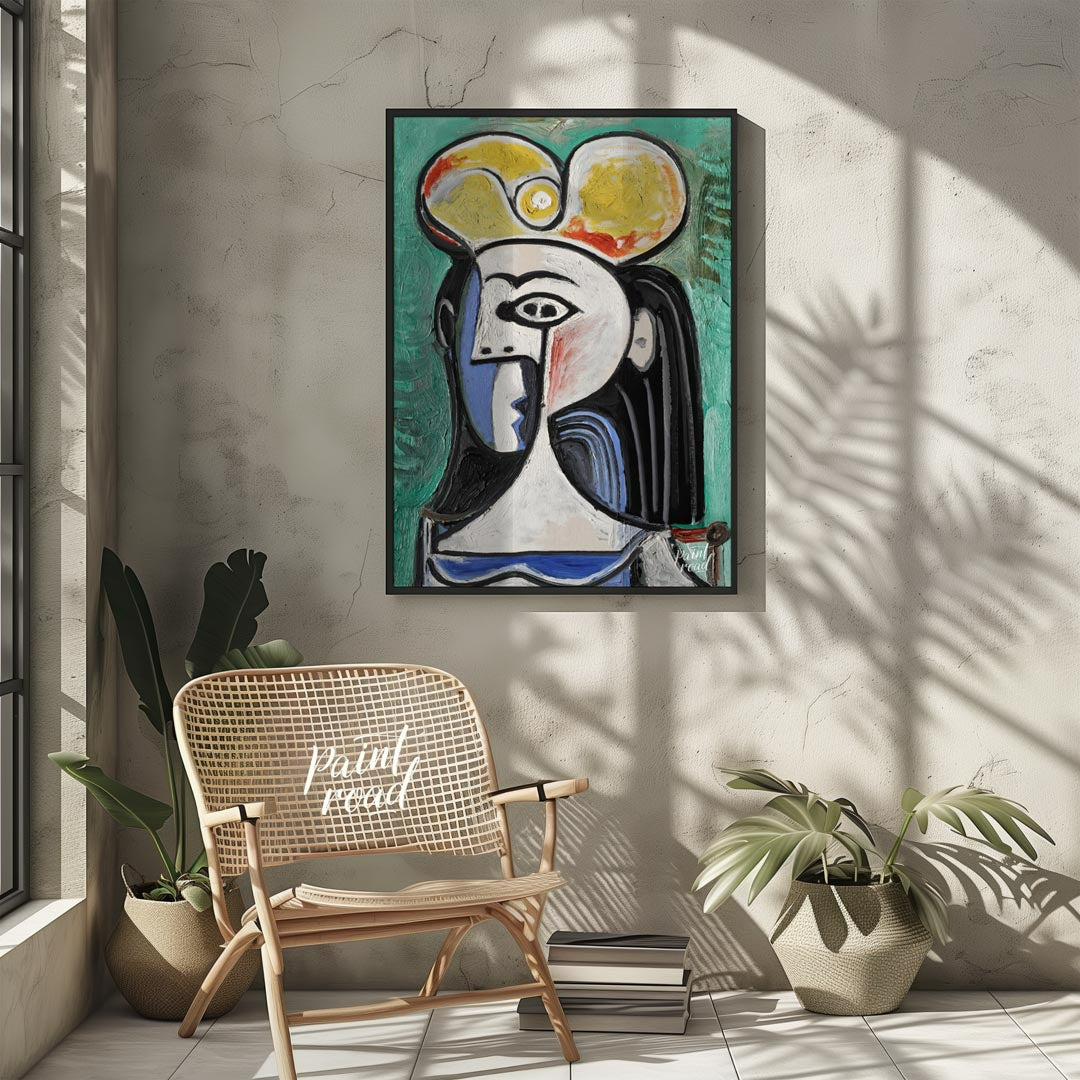 This powerful art print is Pablo Picasso’s “Bust of a Seated Woman,” often recognized as a portrait… for living room
