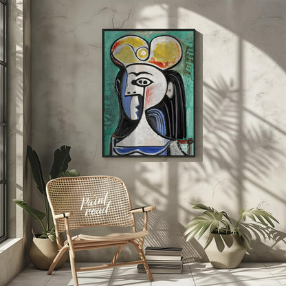 This powerful art print is Pablo Picasso’s “Bust of a Seated Woman,” often recognized as a portrait… for living room