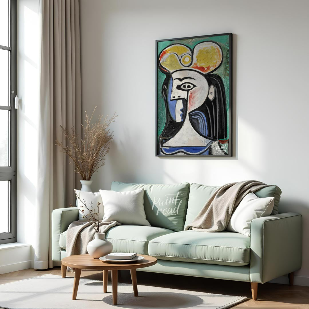 This powerful art print is Pablo Picasso’s “Bust of a Seated Woman,” often recognized as a portrait… for living room