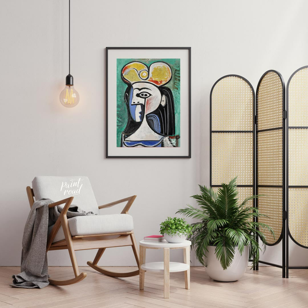 This powerful art print is Pablo Picasso’s “Bust of a Seated Woman,” often recognized as a portrait… for living room