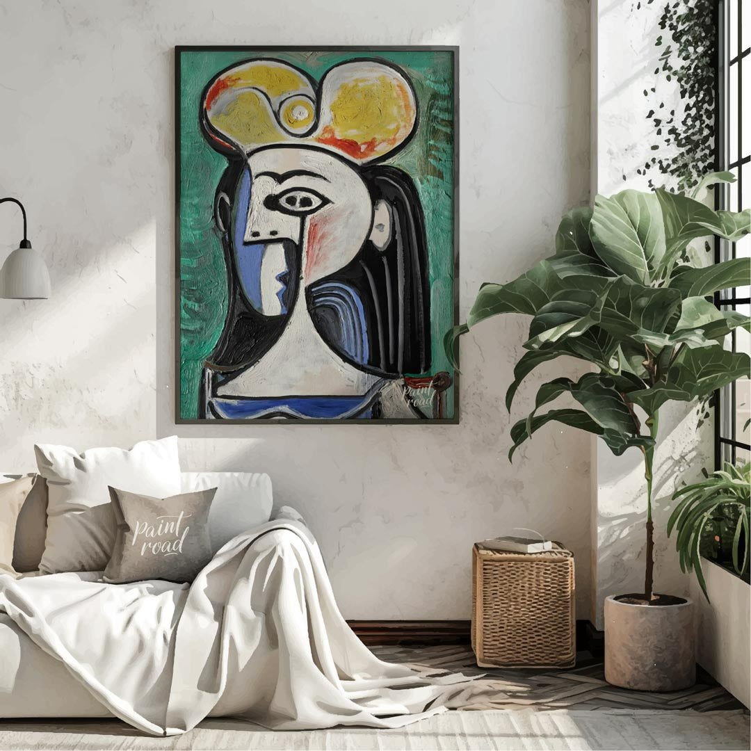 This powerful art print is Pablo Picasso’s “Bust of a Seated Woman,” often recognized as a portrait… for living room