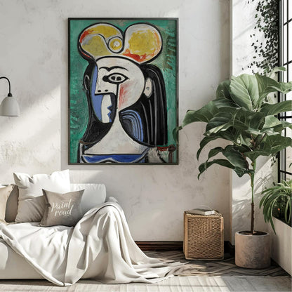 This powerful art print is Pablo Picasso’s “Bust of a Seated Woman,” often recognized as a portrait… for living room