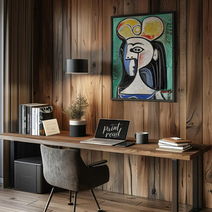 This powerful art print is Pablo Picasso’s “Bust of a Seated Woman,” often recognized as a portrait… for office