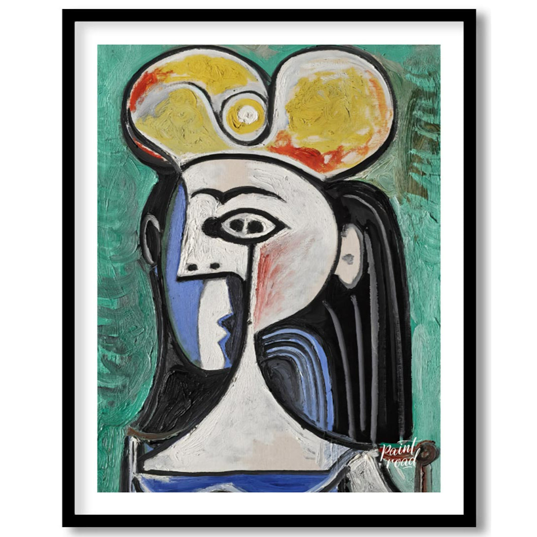 This powerful art print is Pablo Picasso’s “Bust of a Seated Woman,” often recognized as a portrait… for room