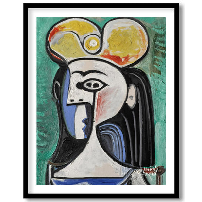 This powerful art print is Pablo Picasso’s “Bust of a Seated Woman,” often recognized as a portrait… for room