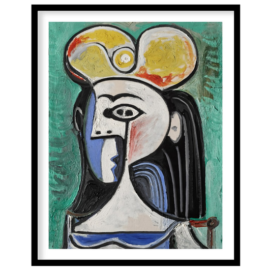 This powerful art print is Pablo Picasso’s “Bust of a Seated Woman,” often recognized as a portrait… for room