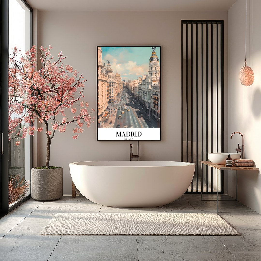 Capture the dynamic spirit of Madrid with this stunning urban cityscape. The artwork showcases the for Bathroom