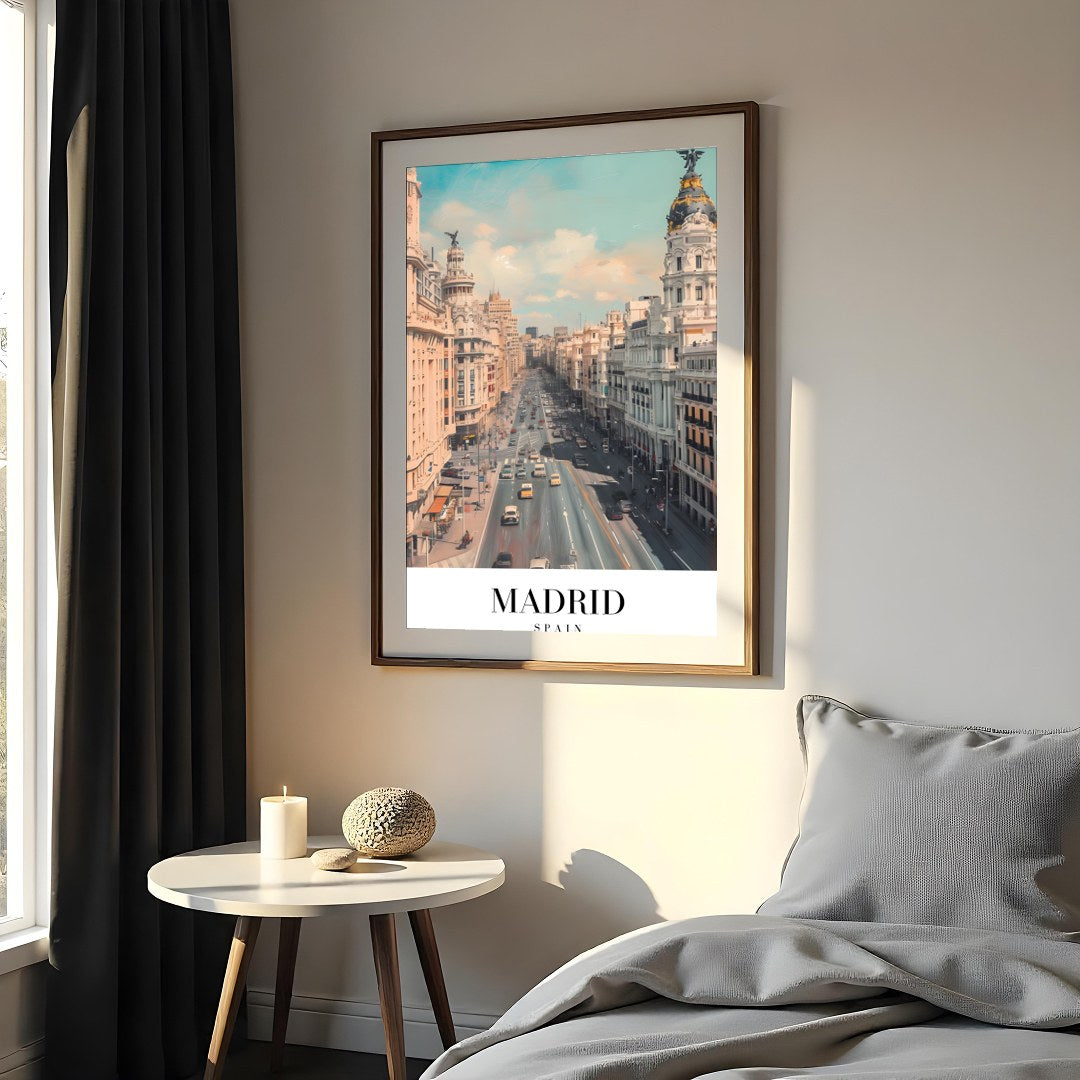 Capture the dynamic spirit of Madrid with this stunning urban cityscape. The artwork showcases the for Bedroom