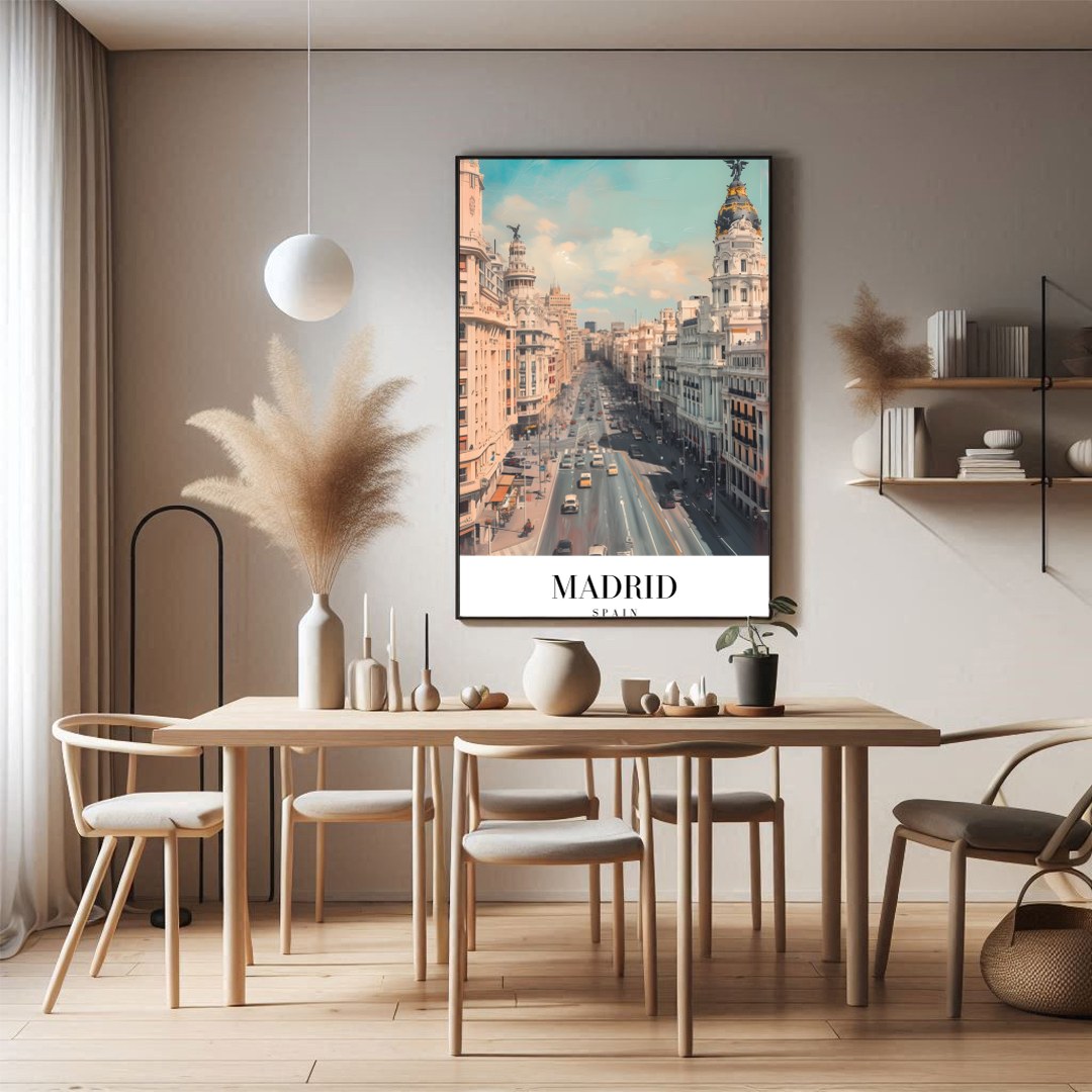 Capture the dynamic spirit of Madrid with this stunning urban cityscape. The artwork showcases the for Dining