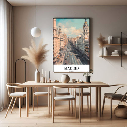 Capture the dynamic spirit of Madrid with this stunning urban cityscape. The artwork showcases the for Dining