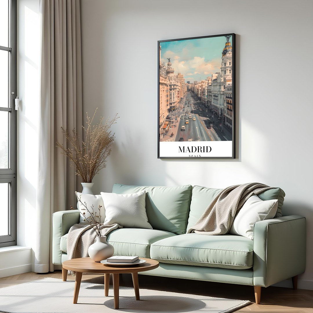 Capture the dynamic spirit of Madrid with this stunning urban cityscape. The artwork showcases the for Hall