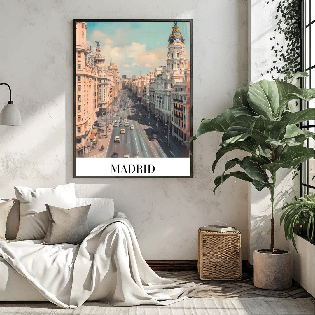 Capture the dynamic spirit of Madrid with this stunning urban cityscape. The artwork showcases the for Living Room