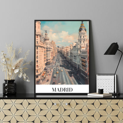 Capture the dynamic spirit of Madrid with this stunning urban cityscape. The artwork showcases the for Shelf