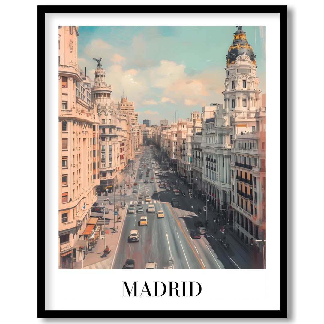 Capture the dynamic spirit of Madrid with this stunning urban cityscape. The artwork showcases the for studio