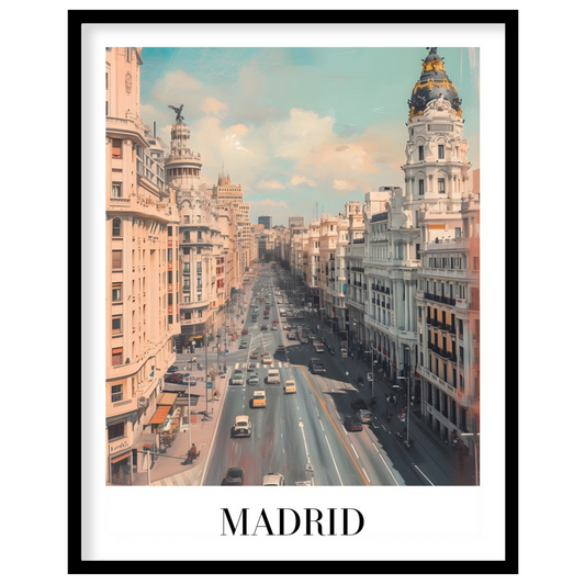 Capture the dynamic spirit of Madrid with this stunning urban cityscape. The artwork showcases the for studio