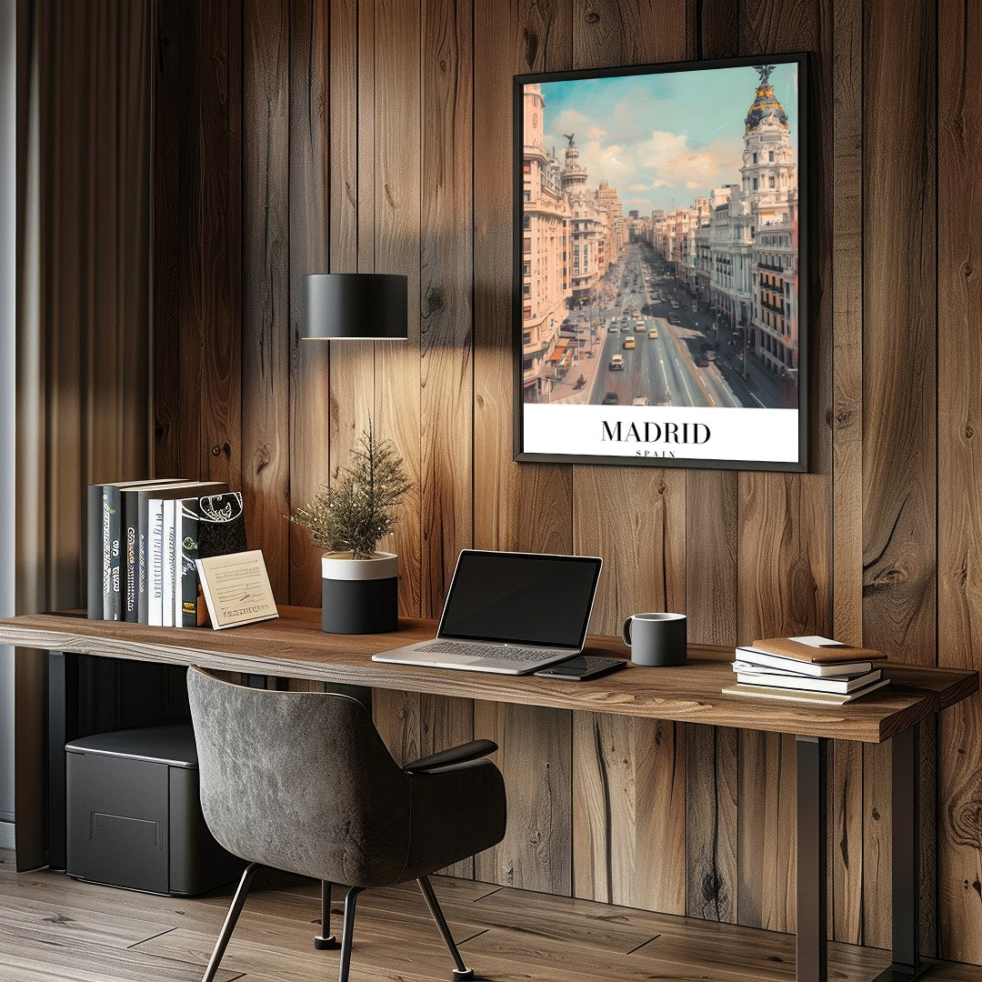 Capture the dynamic spirit of Madrid with this stunning urban cityscape. The artwork showcases the for Study and Office
