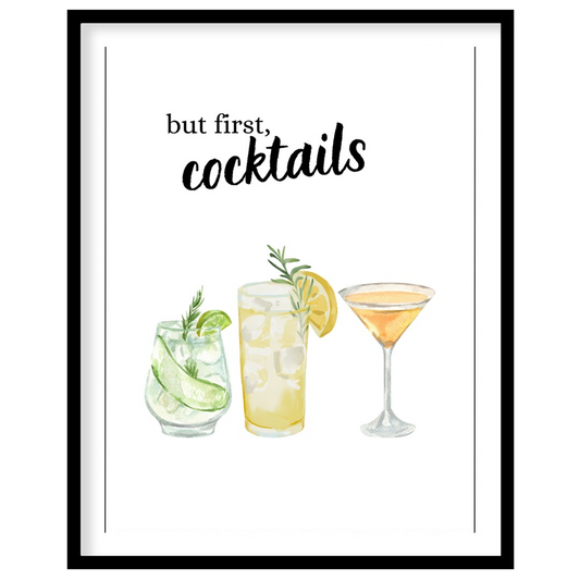 A fun and vibrant watercolor illustration featuring three classic cocktail glasses: a gin and tonic… for place