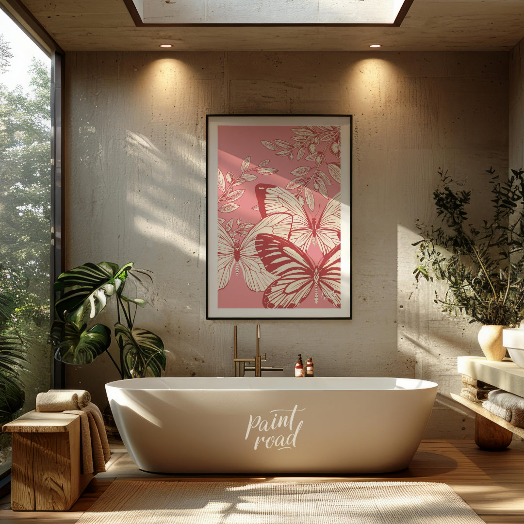 This artwork features a delicate interplay of butterflies and olive branches, rendered in a vintage… for bathroom