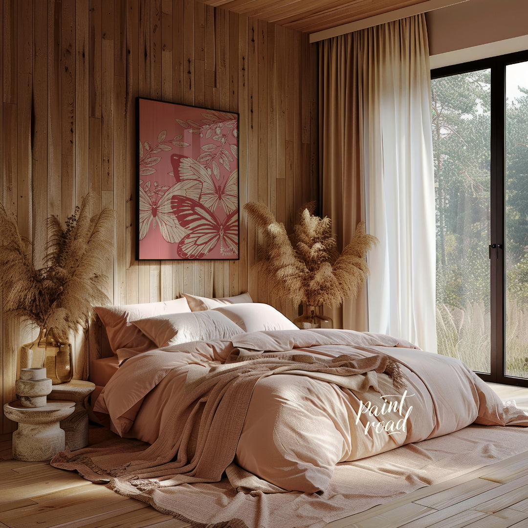 This artwork features a delicate interplay of butterflies and olive branches, rendered in a vintage… for bedroom