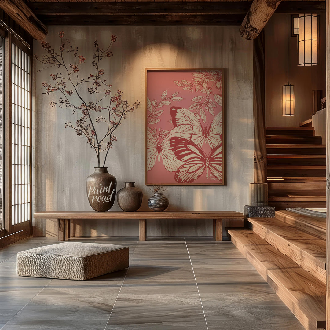 This artwork features a delicate interplay of butterflies and olive branches, rendered in a vintage… for entryway