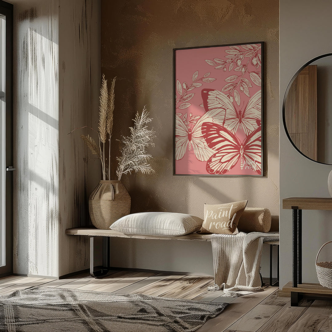 This artwork features a delicate interplay of butterflies and olive branches, rendered in a vintage… for living room