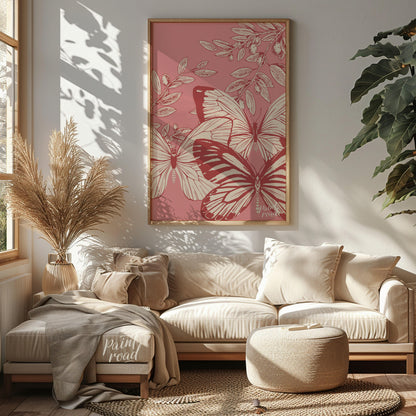 This artwork features a delicate interplay of butterflies and olive branches, rendered in a vintage… for living room