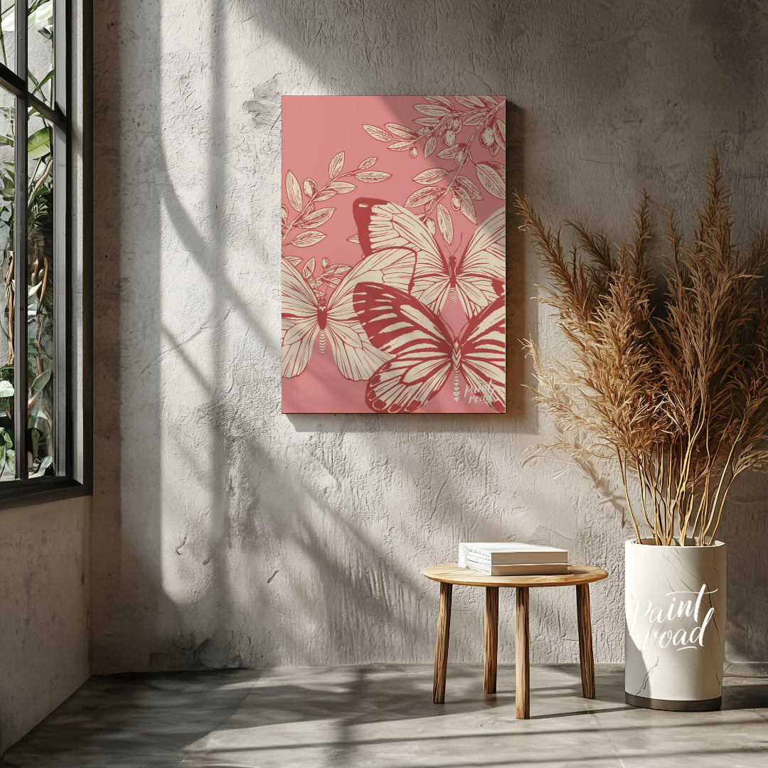 This artwork features a delicate interplay of butterflies and olive branches, rendered in a vintage… for living room