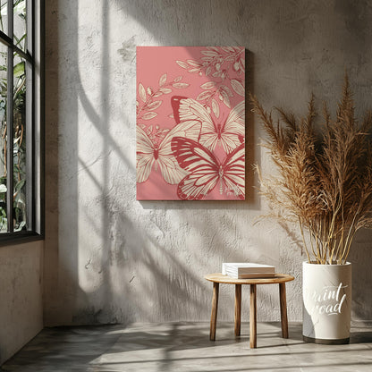 This artwork features a delicate interplay of butterflies and olive branches, rendered in a vintage… for living room
