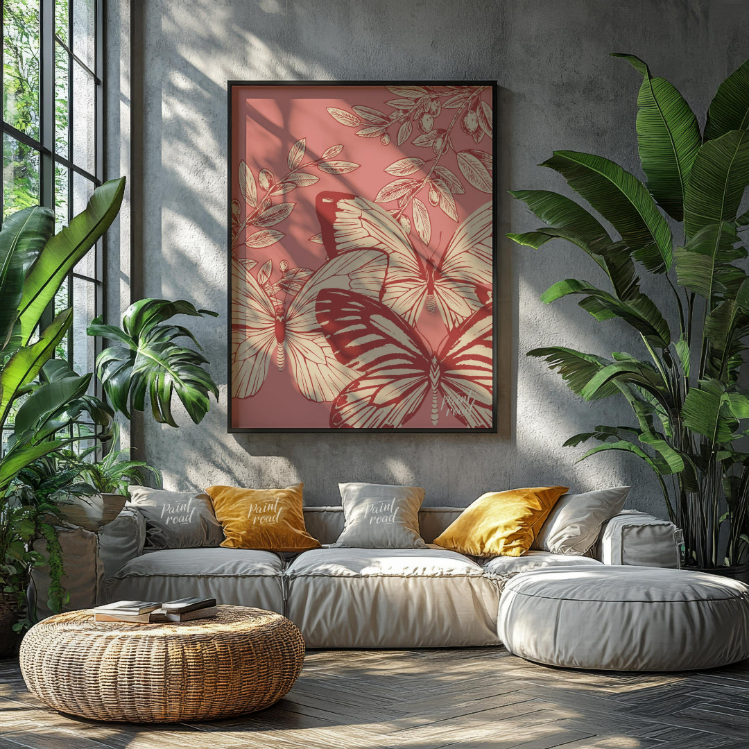 This artwork features a delicate interplay of butterflies and olive branches, rendered in a vintage… for living room