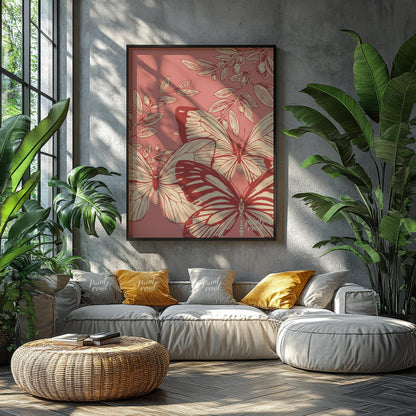 This artwork features a delicate interplay of butterflies and olive branches, rendered in a vintage… for living room