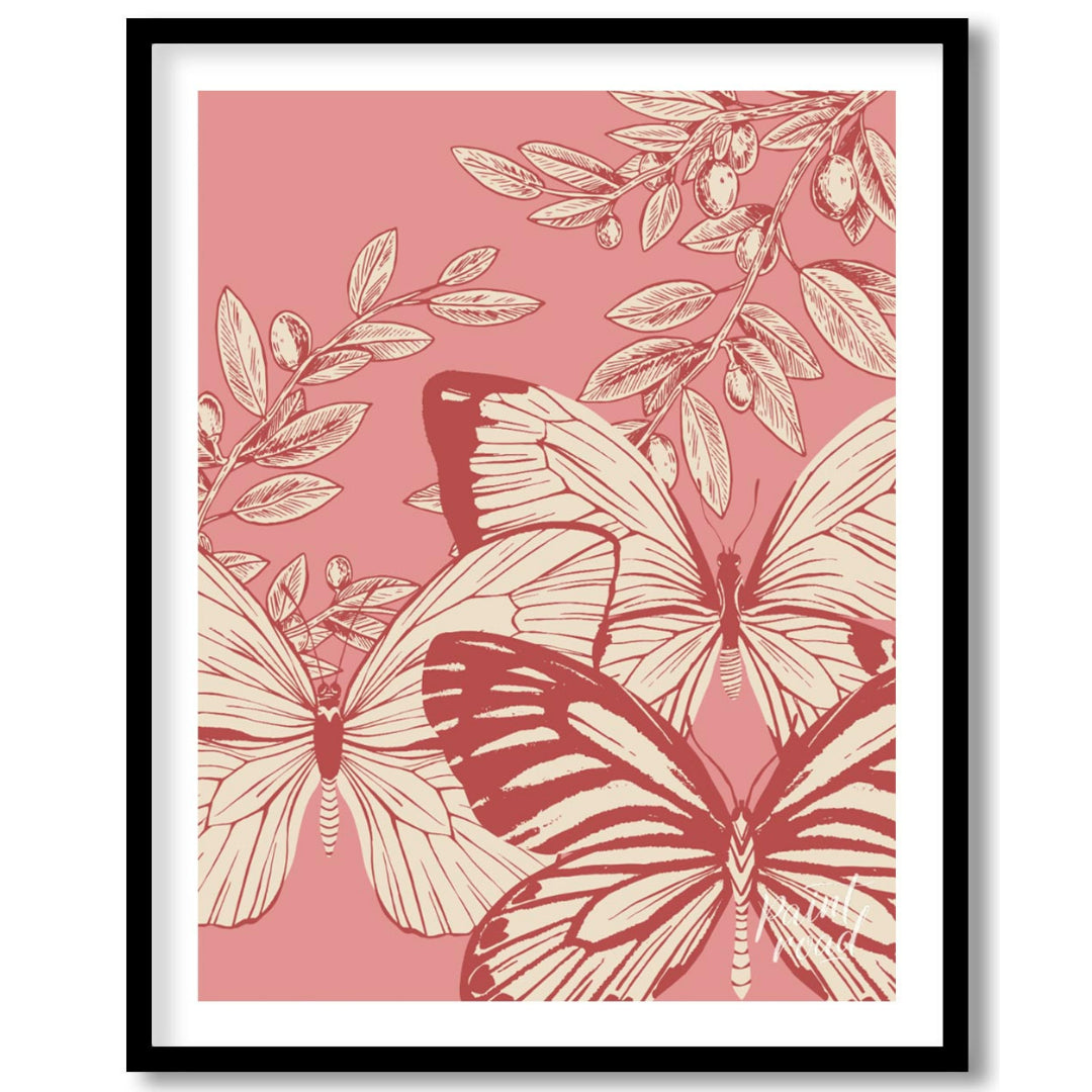This artwork features a delicate interplay of butterflies and olive branches, rendered in a vintage… for lovely house