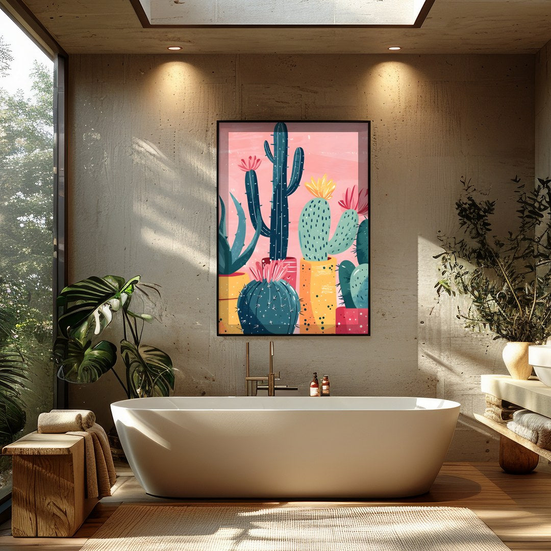 Infuse your space with the vibrant charm of desert flora with this striking composition. Bold cacti for Bathroom