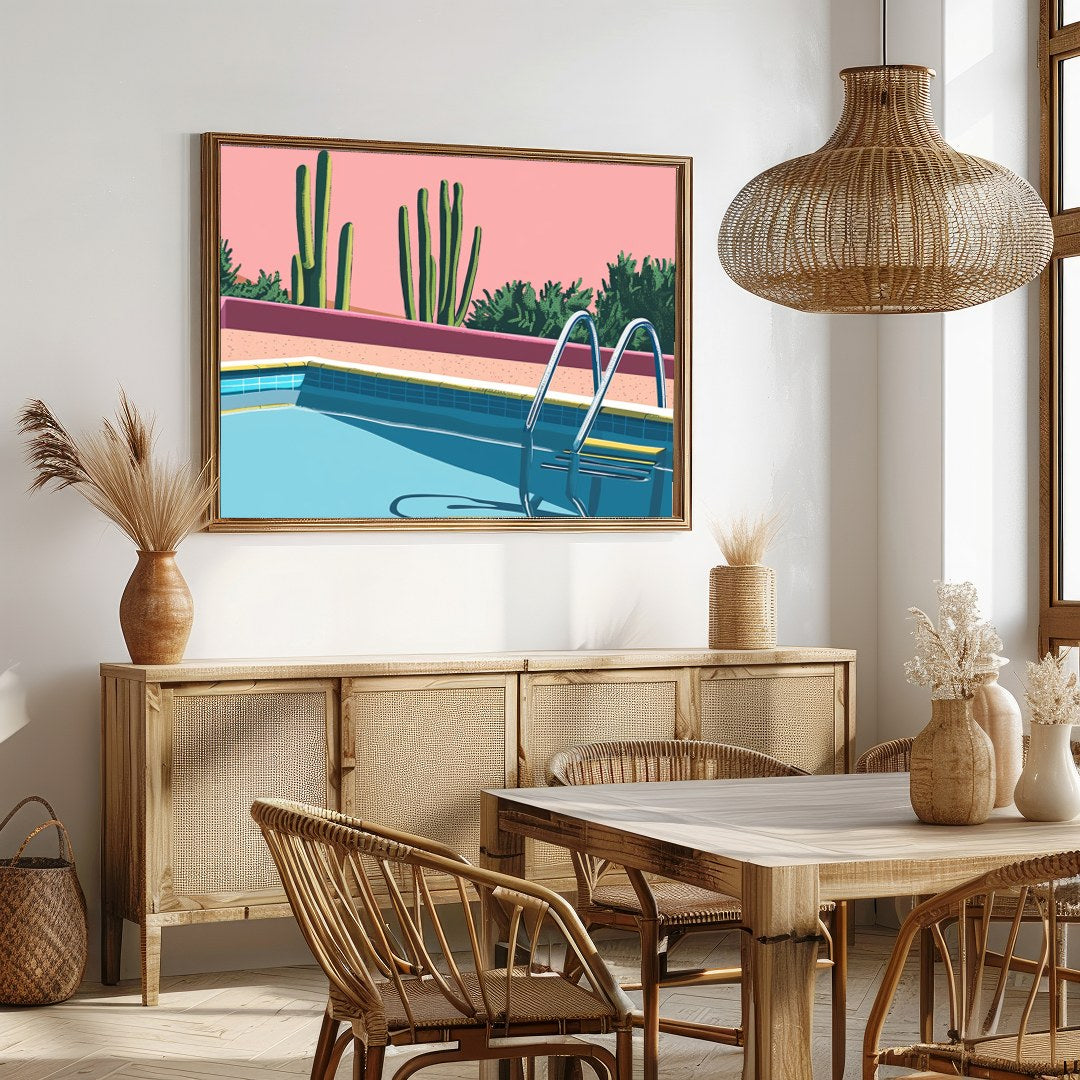 Dive into tranquility with this retro-inspired artwork featuring a serene poolside scene set for Dining