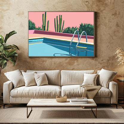Dive into tranquility with this retro-inspired artwork featuring a serene poolside scene set for Family Room