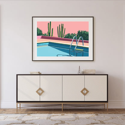 Dive into tranquility with this retro-inspired artwork featuring a serene poolside scene set for Foyer