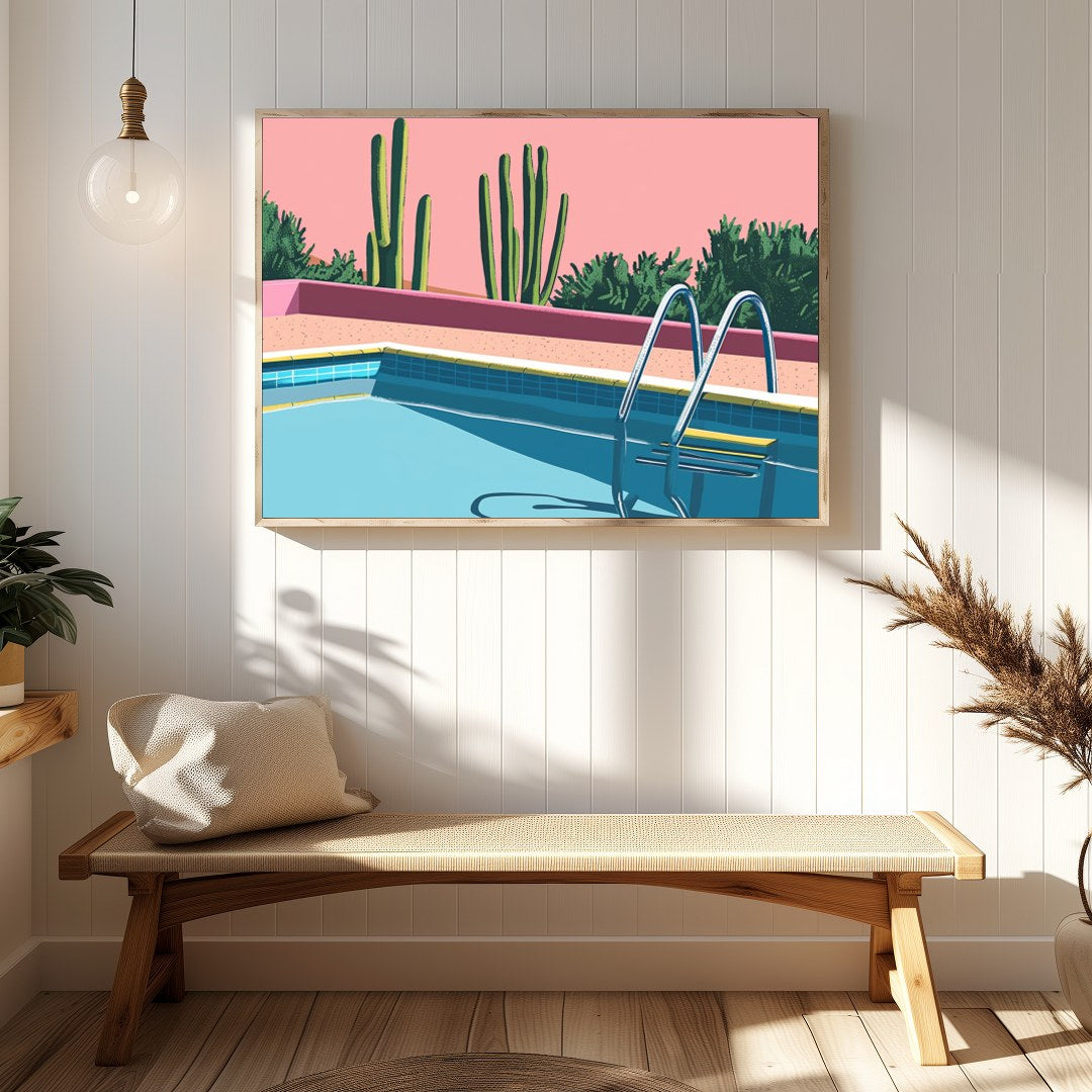 Dive into tranquility with this retro-inspired artwork featuring a serene poolside scene set for gallery
