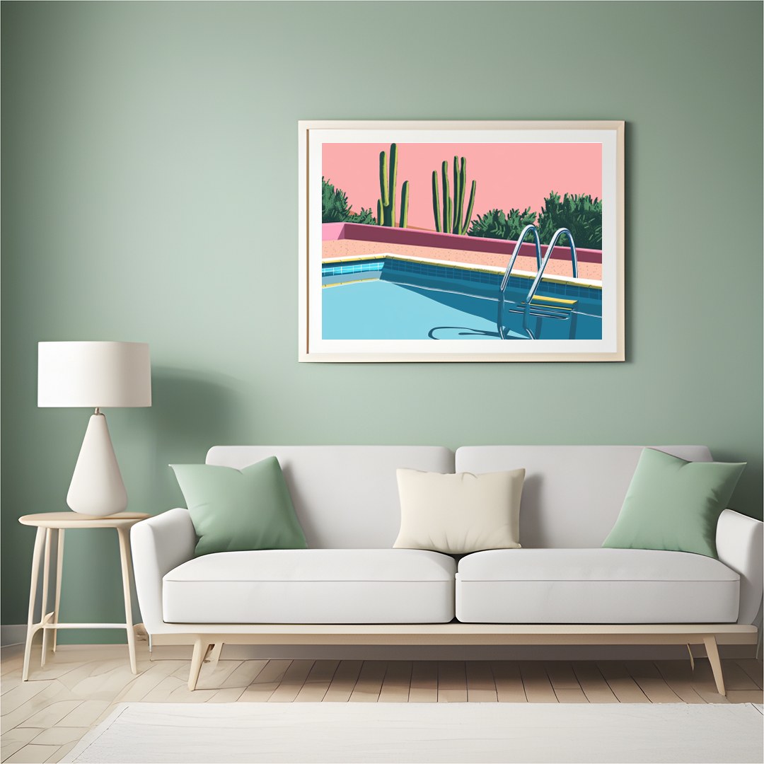 Dive into tranquility with this retro-inspired artwork featuring a serene poolside scene set for Hall